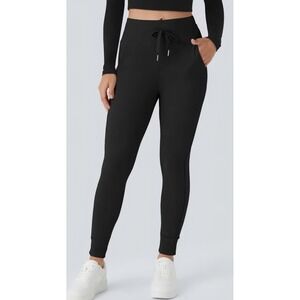 Halara SoftlyZero Plush High Waist Drawstring Pocket Plain Full Length Black Sm